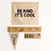 Beige neutral be kind its cool wall banner. Be kind its cool wall flag. Be kind its cool bedroom banner. Boys playroom banner. Boys playroom wall flag. Boys bedroom styling. Boys bedroom wall decor. Boys wbedroom inspo. Boys bedroom decor ideas. 7 year old bedroom ideas. 10 year old bedroom ideas. 12 year old bedroom ideas. Neutral bedroom decor. Gender neutral kids room.
