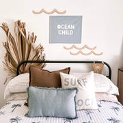 Pastel blue kids room. Soft blue nursery decor. Sky blue ocean child kids banner. Baby blue ocean banner. Boys ocean wall banner. Surf boys blue bedroom styling. Boys calm surf bedroom decor. Boys surf bedroom wall banner. Boys fun surf room inspo. Beach boys bedroom inspo. Beach boys bedroom ideas. Coastal boys bedroom inspo. Coastal wall banner. Pastel blue boys bedroom decor.