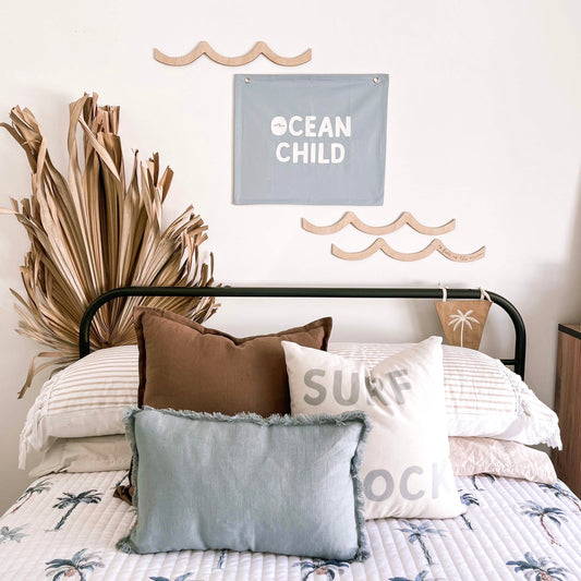 Ocean child banner. Surf Boys bedroom styling. Boys surf bedroom decor. Boys surf bedroom wall banner. Boys surf room inspo. Beach boys bedroom inspo. Beach boys bedroom ideas. Coastal boys bedroom banner. Boys wall banner. Ocean boys bedroom decor.