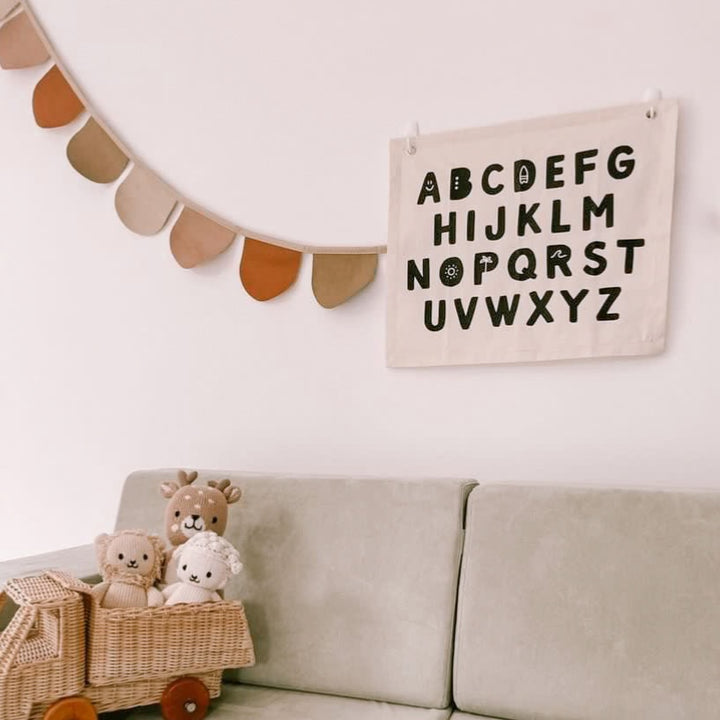 Gender neutral kids room. Gender neutral nursery decor. Neutral Beige Alphabet kids banner. Boys abc banner. Boys alphabet wall banner. Surf boys bedroom styling. Boys surf bedroom decor. Boys surf bedroom wall banner. Boys surf room inspo. Beach boys bedroom inspo. Beach boys bedroom ideas. Coastal boys bedroom inspo. ABC wall banner. Neutral boys bedroom decor.