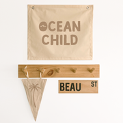 Neutral beige kids room. Soft neutrals nursery decor. Surf Boys bedroom styling. Boys beige surf bedroom decor. Boys neutral ocean child bedroom wall banner. Boys surf room inspo. Beach boys bedroom inspo. Coastal boys bedroom ideas. Coastal boys bedroom banner. Boys wall banner. Ocean boys bedroom decor. Surf nursery decor. Neutral surfy bedroom. Gender neutral nursery. Gender neutral bedroom decor.